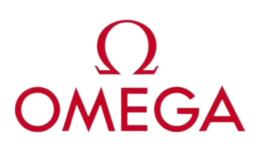 Logo OMEGA in rosso con il simbolo greco omega sopra il marchio denominativo su sfondo bianco.