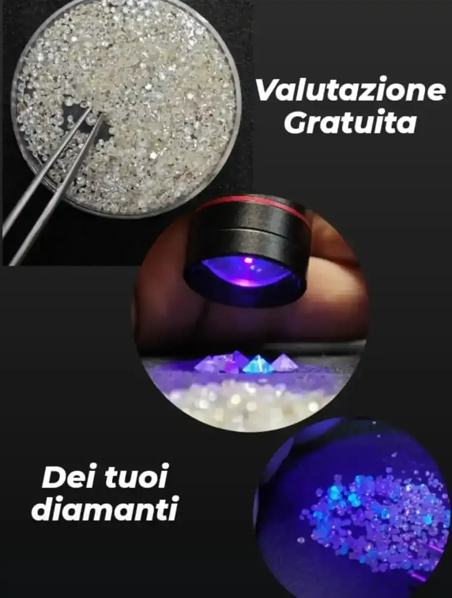 Diamanti illuminati da luce UV con lente d’ingrandimento; testo “Valutazione Gratuita” e “Dei tuoi diamanti”