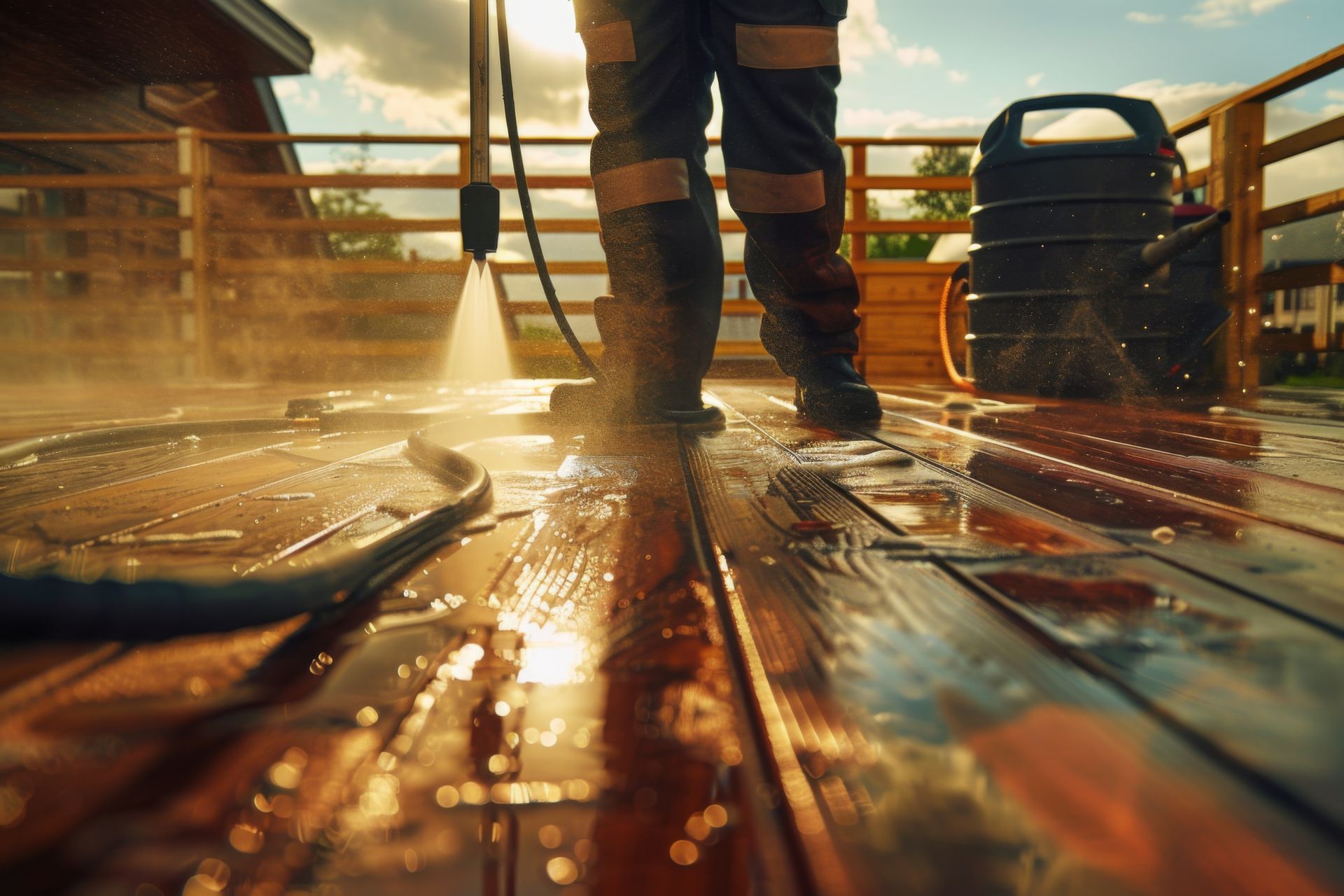 A man is cleaning a wooden deck with a high pressure washer.