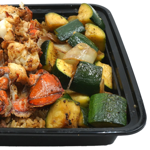 A black plastic container filled with lobster and vegetables