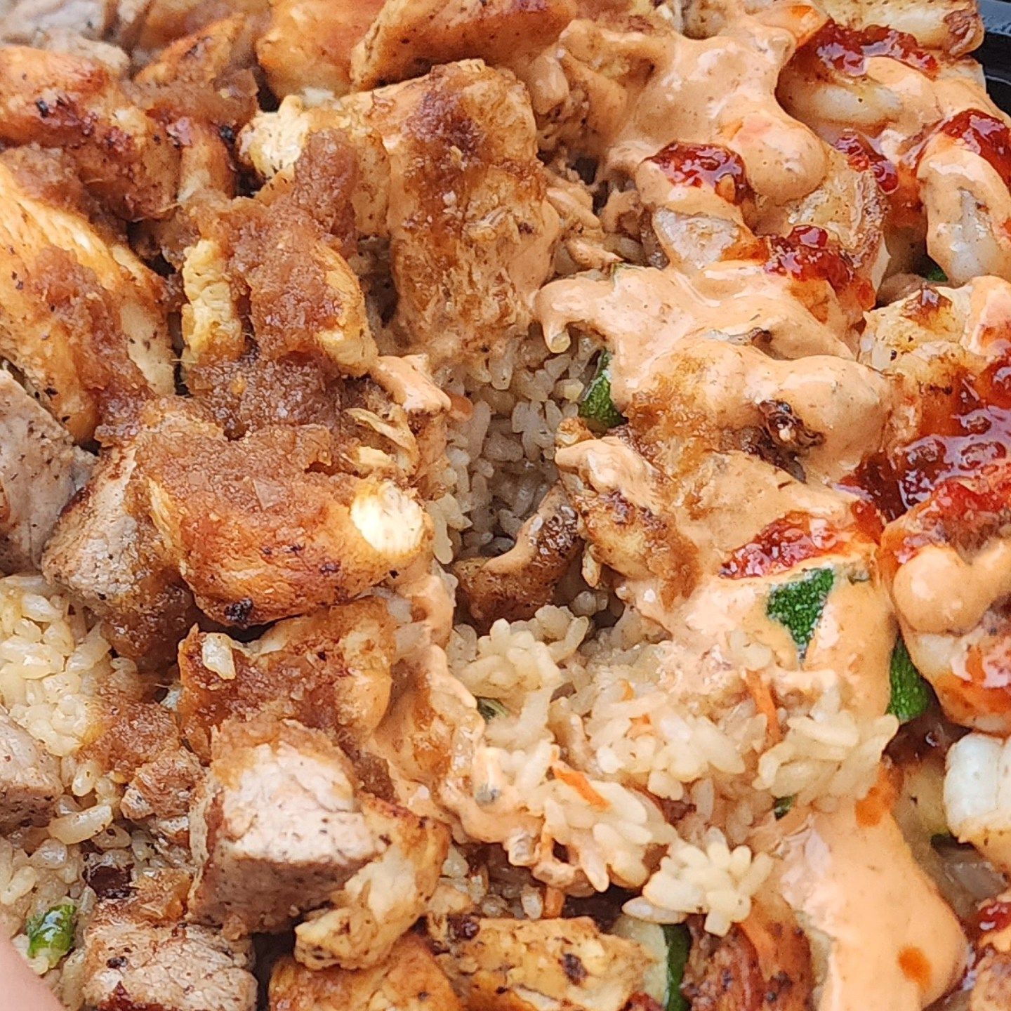 A close up of a plate of food with rice , meat and sauce.