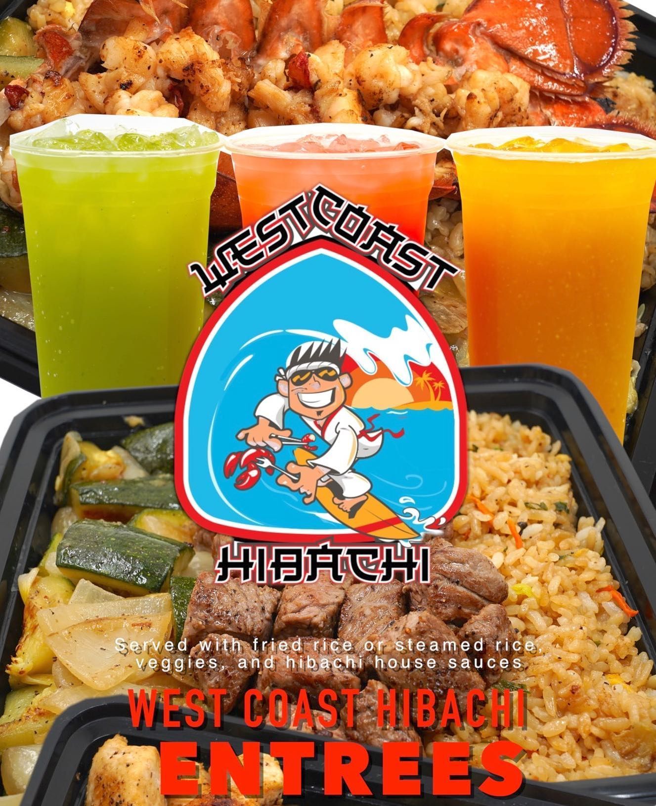 A cartoon of a man on a surfboard with the words west coast hibachi entrees