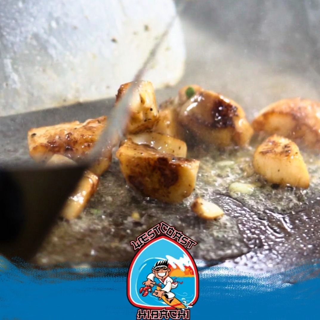 A person is cooking food on a tortilla with a logo in the background.