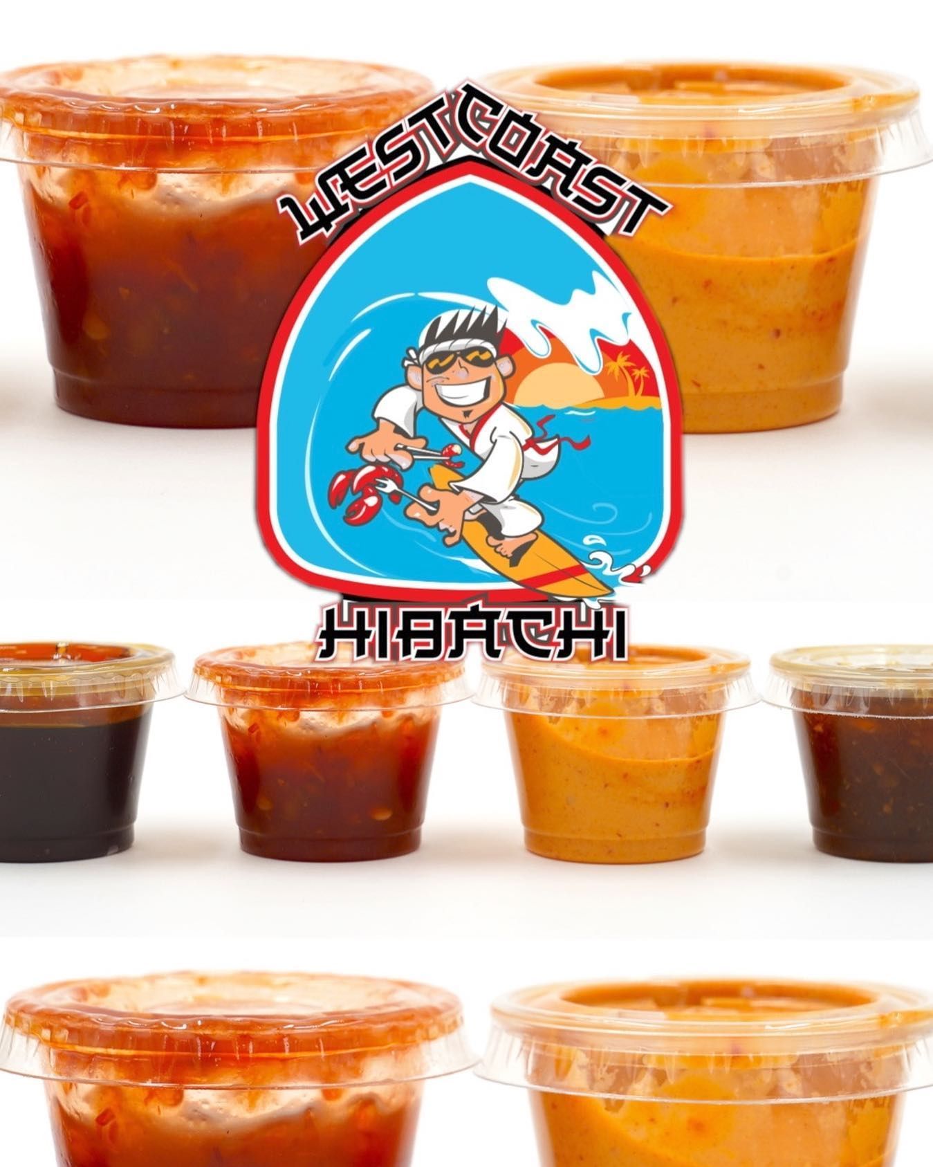 A cartoon of a man riding a surfboard with the words west coast hibachi on the bottom