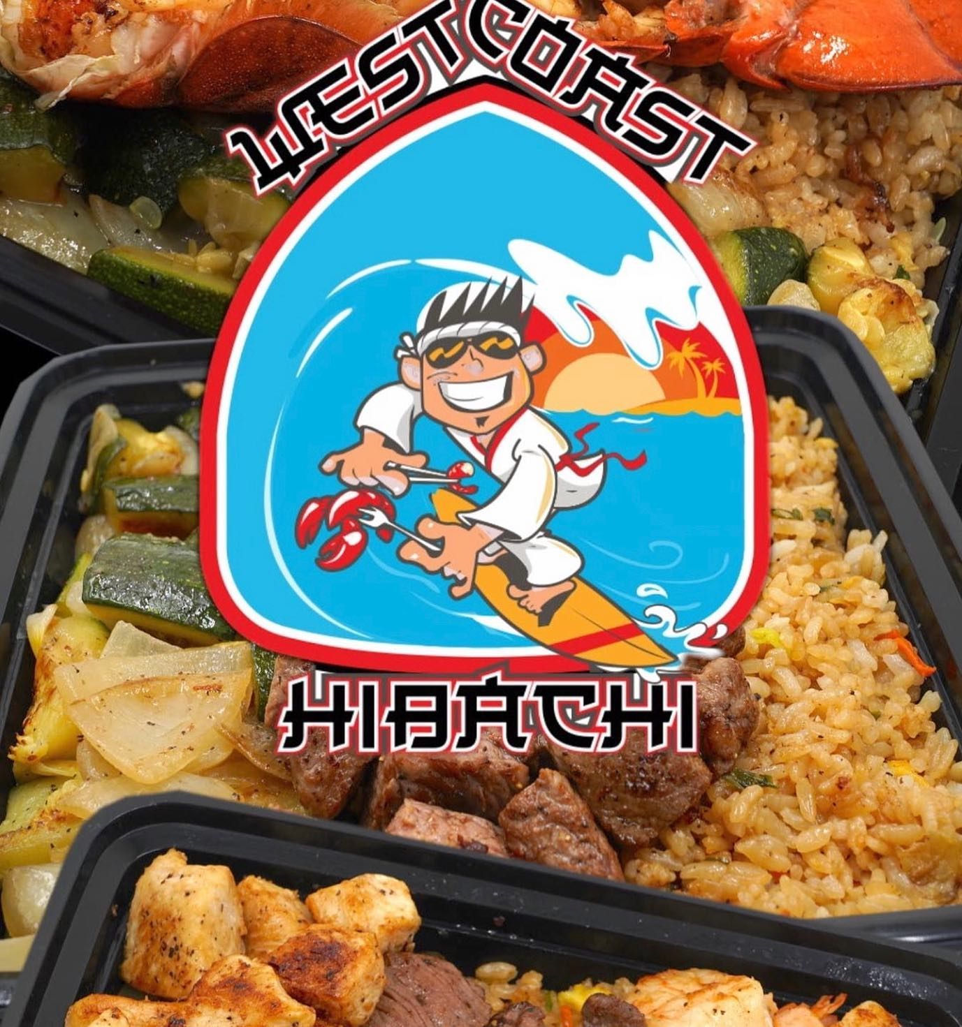A logo for west coast hibachi shows a man on a surfboard