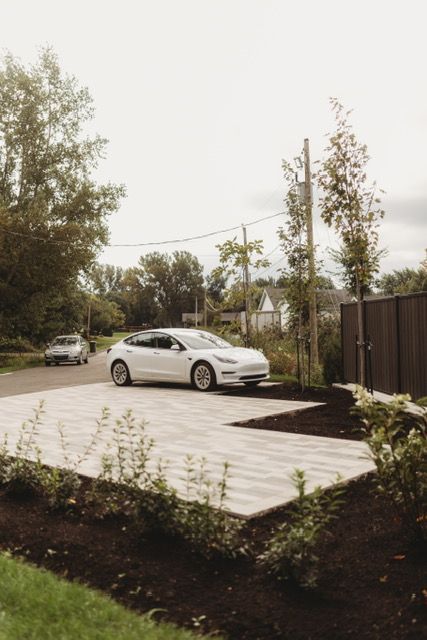 White Tesla parked on paved driveway; another car on street, cloudy day.
