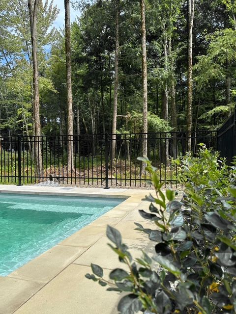 Poolside view: blue water, tan stone, black fence, trees in background, and green foliage in foreground.