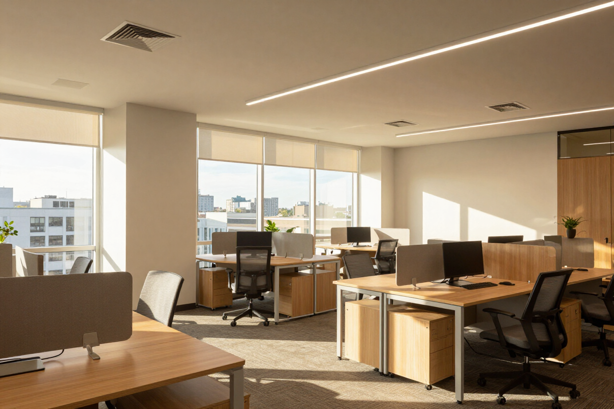 Open-plan office with desks, computer monitors, and large windows in warm sunlight