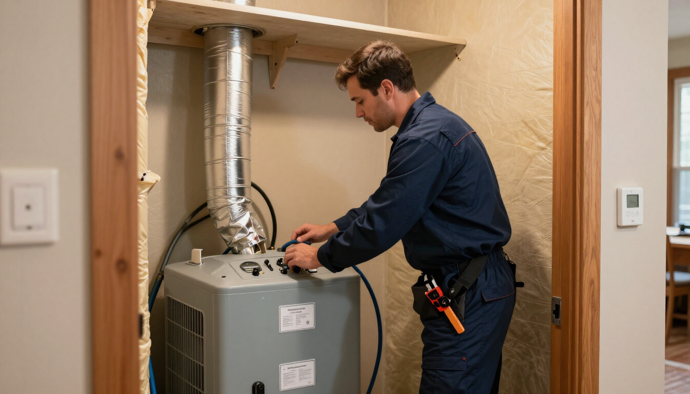 Technician servicing a furnace in a closet, checking controls beside exposed ductwork.