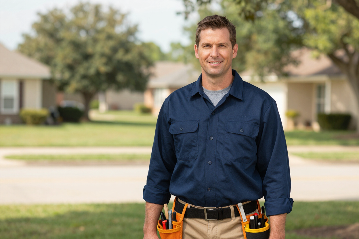 Smiling worker in blue shirt and tool belt standing outdoors in a suburban neighborhood