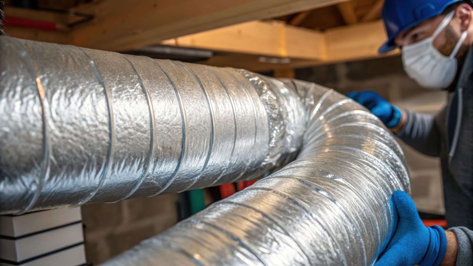 Worker installing metal ducting in an unfinished attic with exposed wood framing.