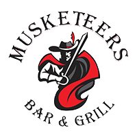 Musketeers Bar & Grill logo with a black, white, and red musketeer figure in a circular design