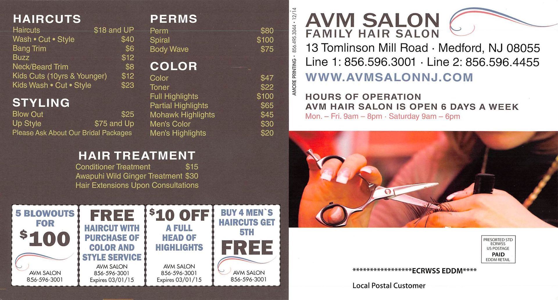 Salon advertisement with price list, special offers, contact info, and woman cutting hair.