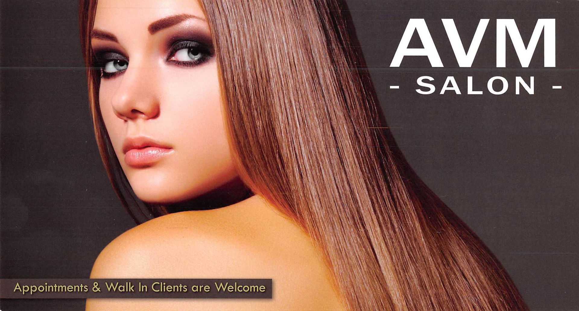 Woman with long brown hair, salon advertisement with the words