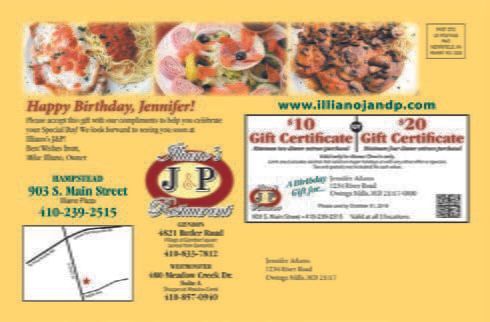 A restaurant advertisement with a birthday greeting, food photos, gift certificate offers, and contact info.
