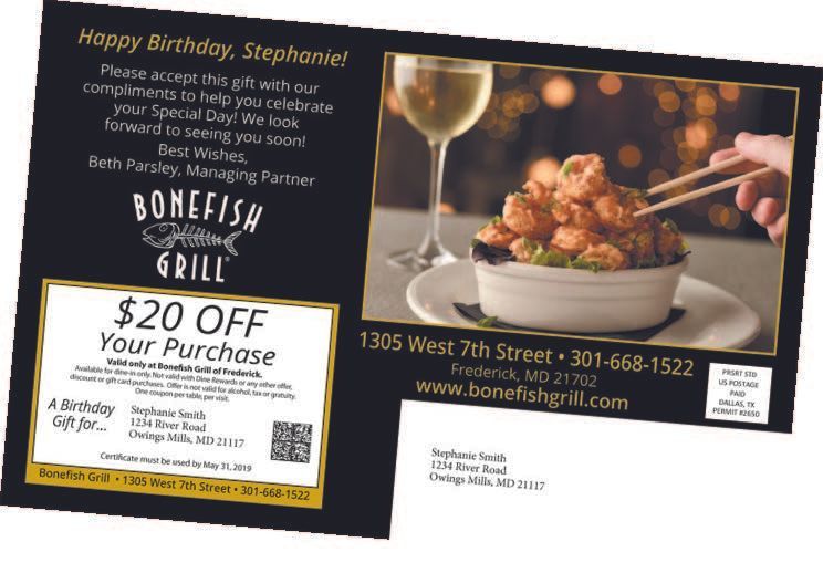 Bonefish Grill birthday gift card for Stephanie, offering $20 off purchase. Includes address, phone, and QR code.