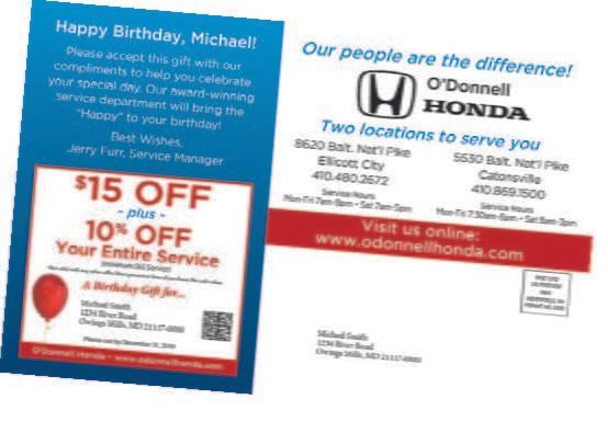 Birthday postcard from O'Donnell Honda, offering service discounts. Includes logo, locations, and a QR code.