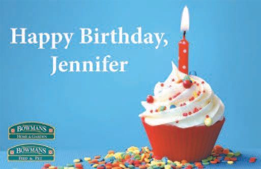Happy birthday card with cupcake and candle. Bowmans logo.