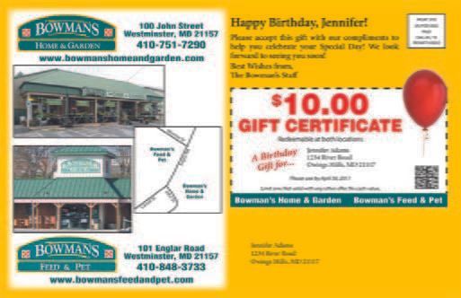Gift certificate from Bowman's Home & Garden, $10.00, with a red balloon, for Jennifer's birthday, Westminster, MD.