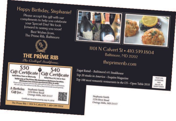 Gift certificate postcard from The Prime Rib restaurant, Baltimore, MD, offering a birthday gift for Stephenie.