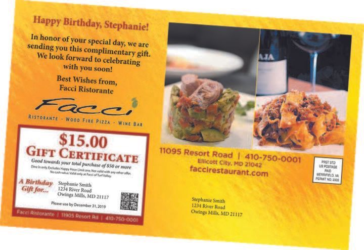 Birthday gift certificate from Facci Ristorante for $15, with two food dishes and a wine bottle.