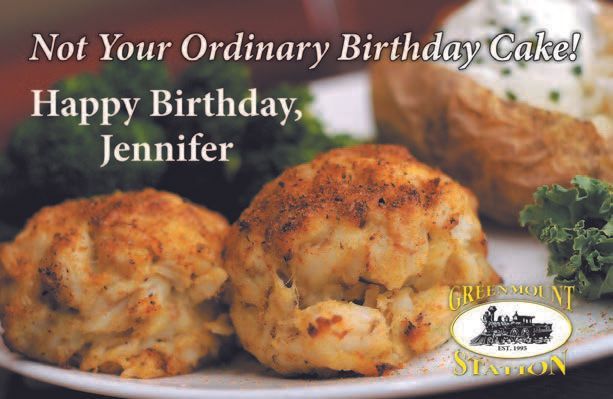 Two crab cakes, baked potato, broccoli, with text: