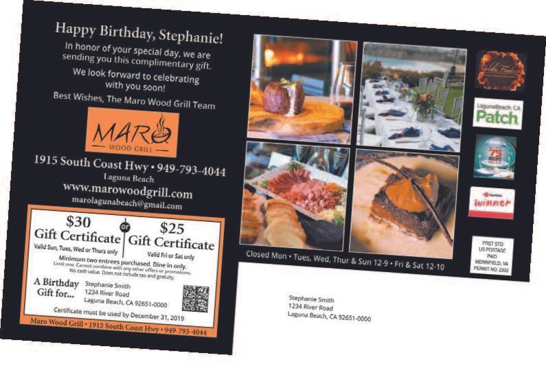 Birthday card from MAR with photos of food, scenery, and gift certificates for $30 and $25.