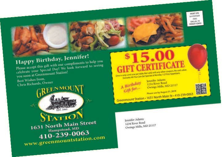 Greenmount Station gift certificate for Jennifer: $15, with photos of food and a red balloon.