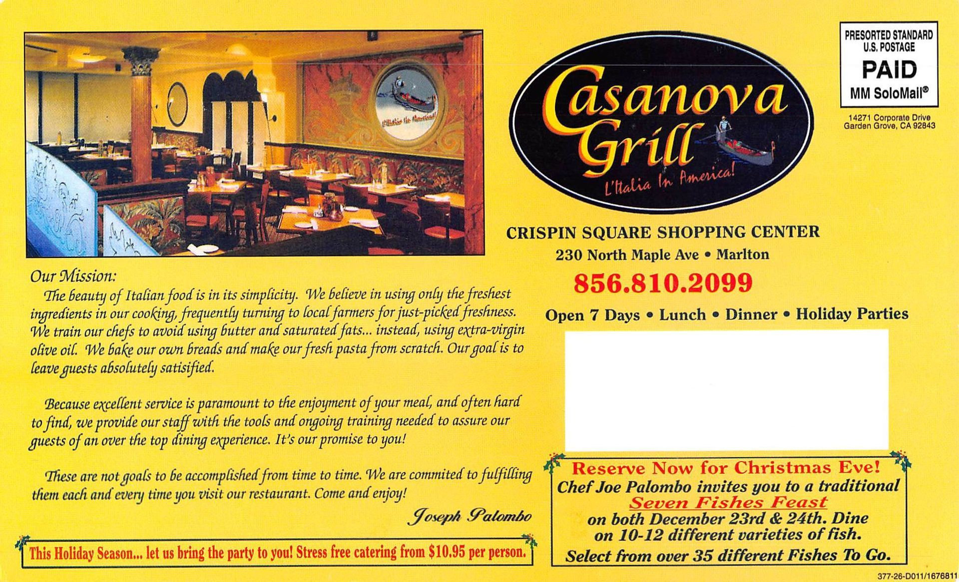 Casanova Grill postcard, yellow with interior photo, restaurant logo, address, and special Christmas event.