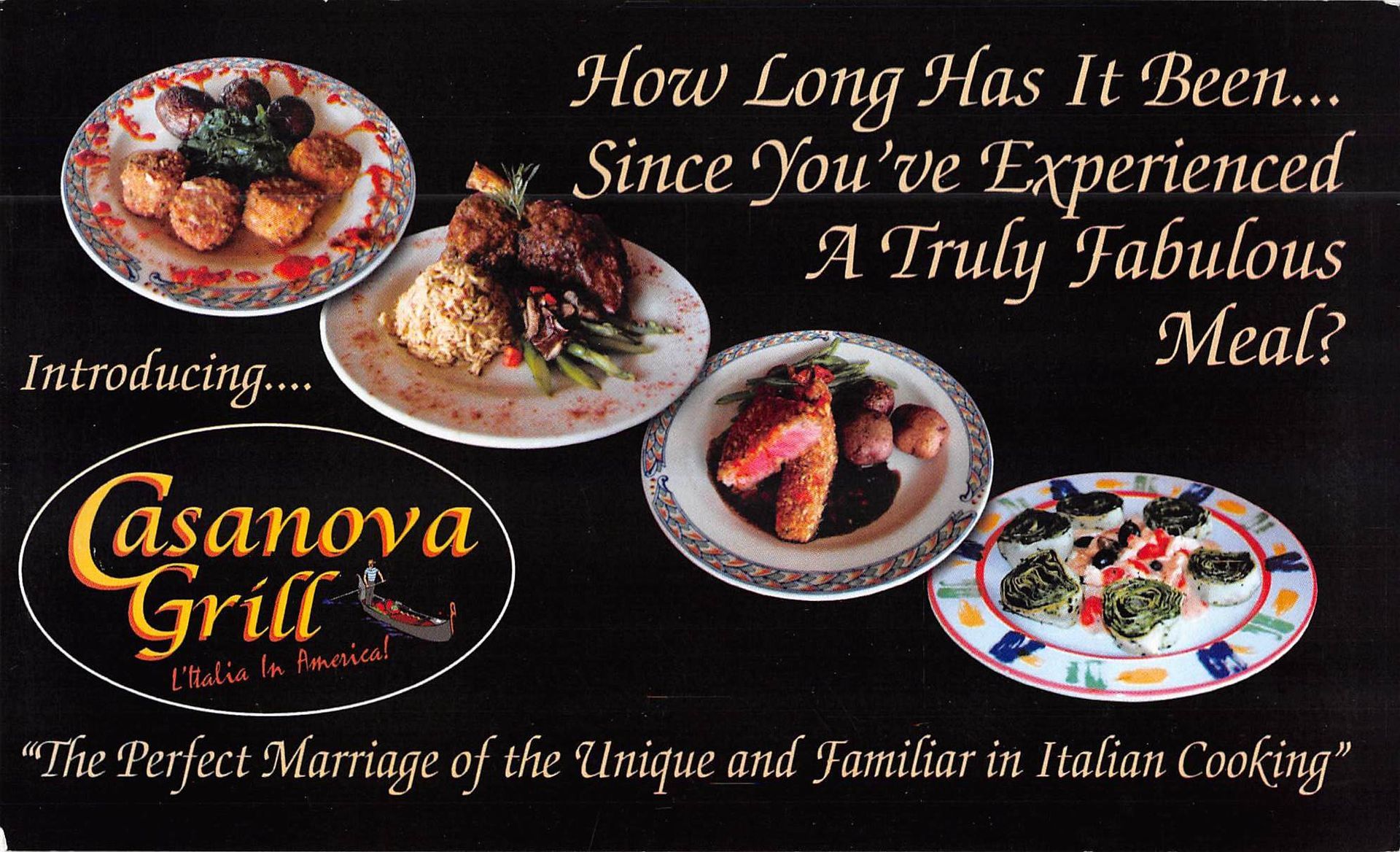Casanova Grill ad featuring four dishes, with the text