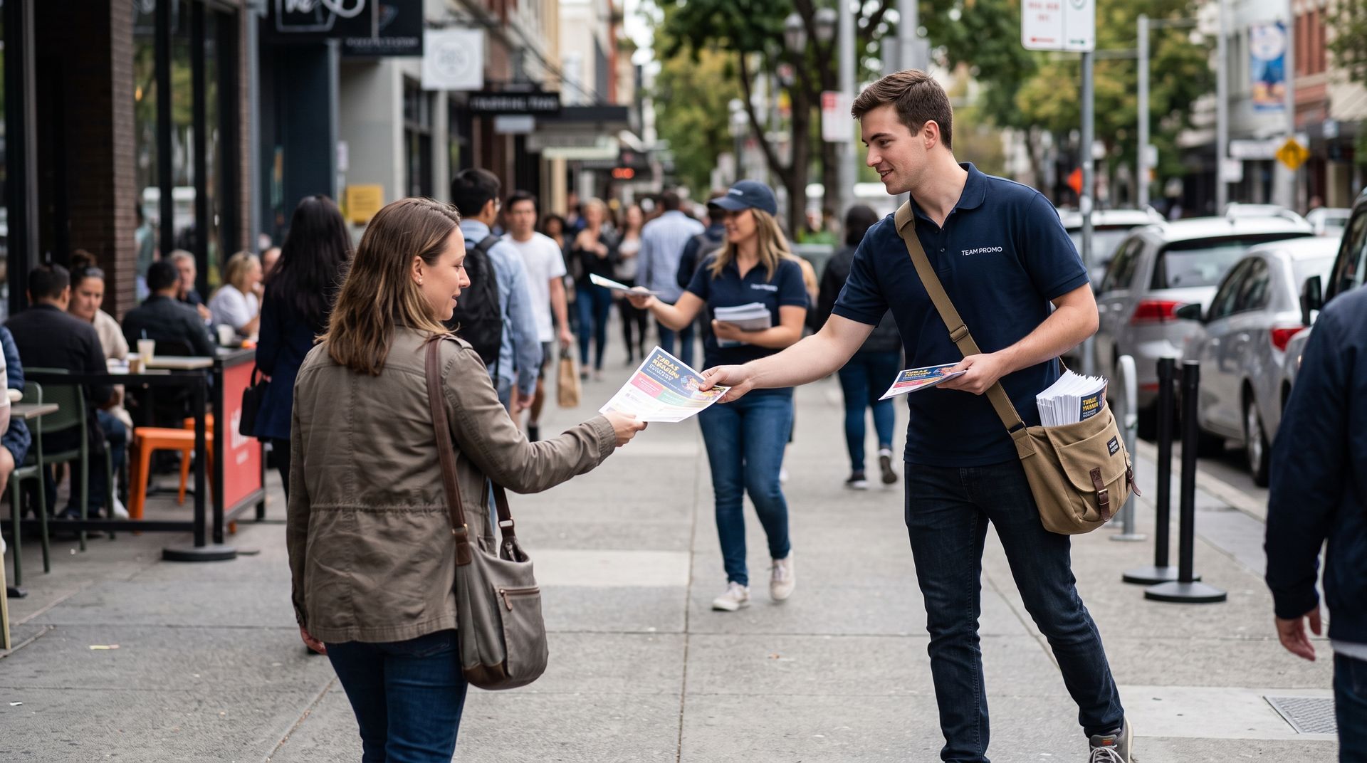 Two people exchange a flyer on a busy city sidewalk outside a café.