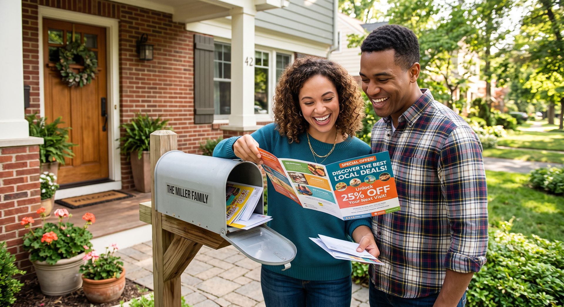 Two people reading a colorful flyer beside a mailbox outside a brick house
