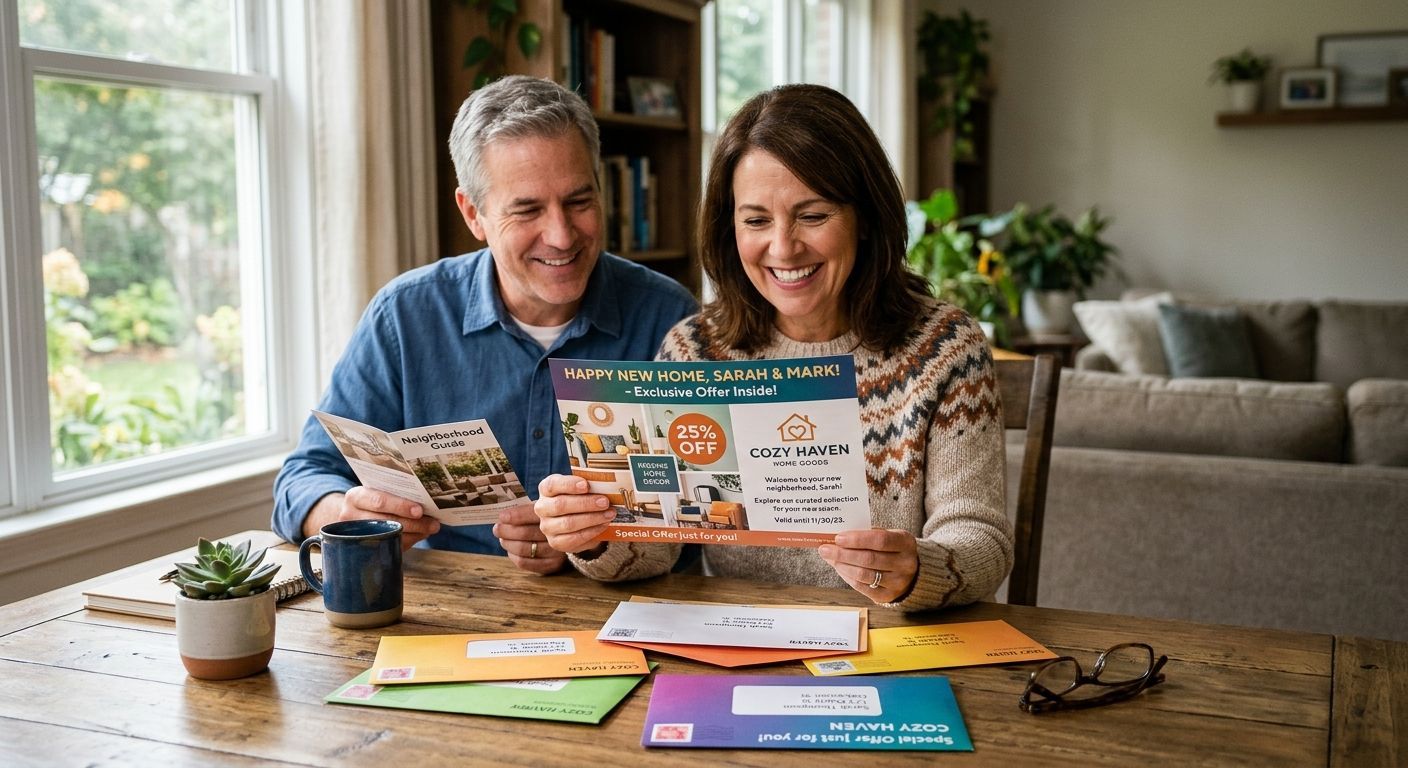 Smiling couple at a table reviewing colorful brochures in a bright living room