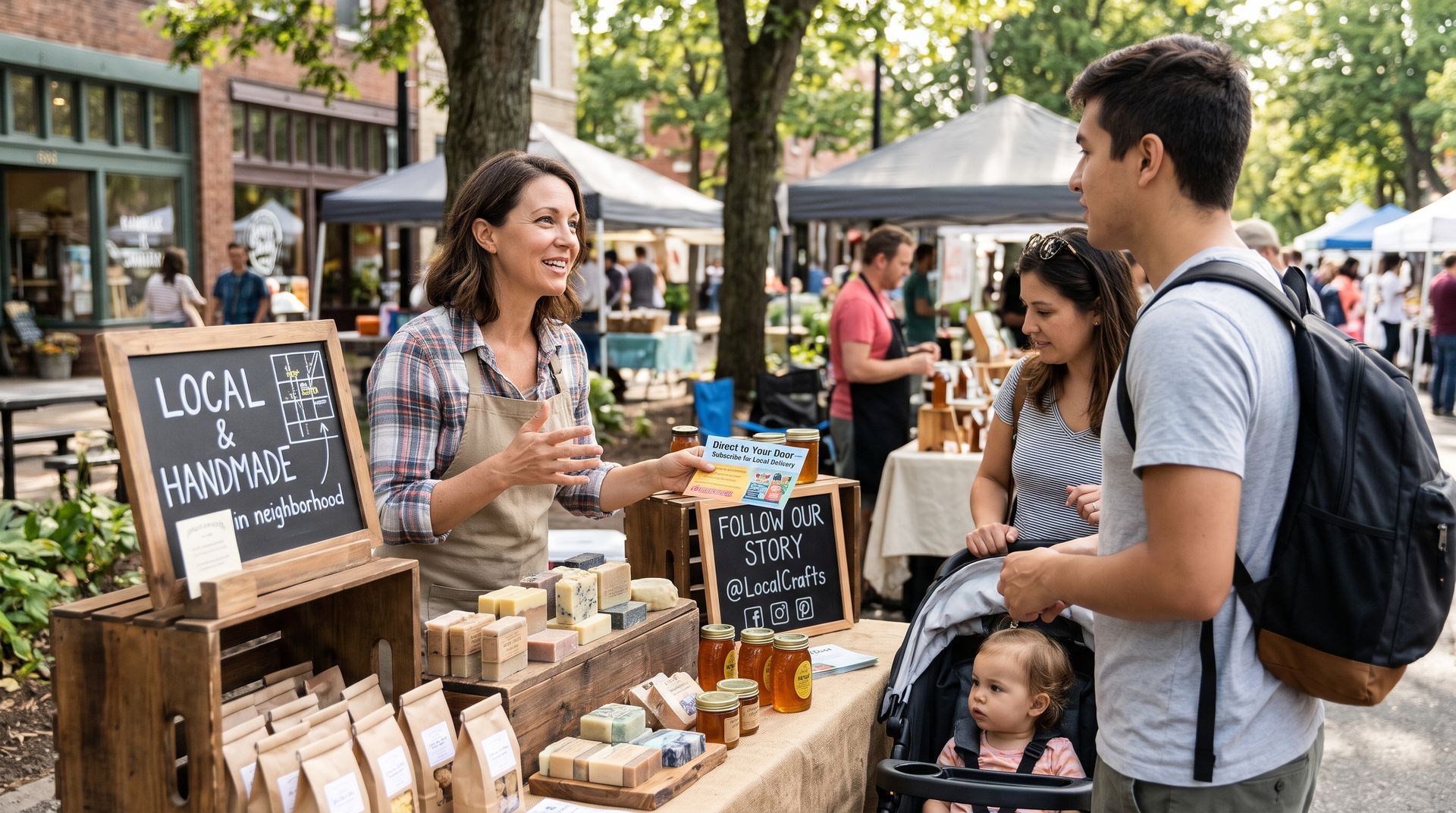 Vendor serving customers at an outdoor market stall with jars, signs, and bakery goods.