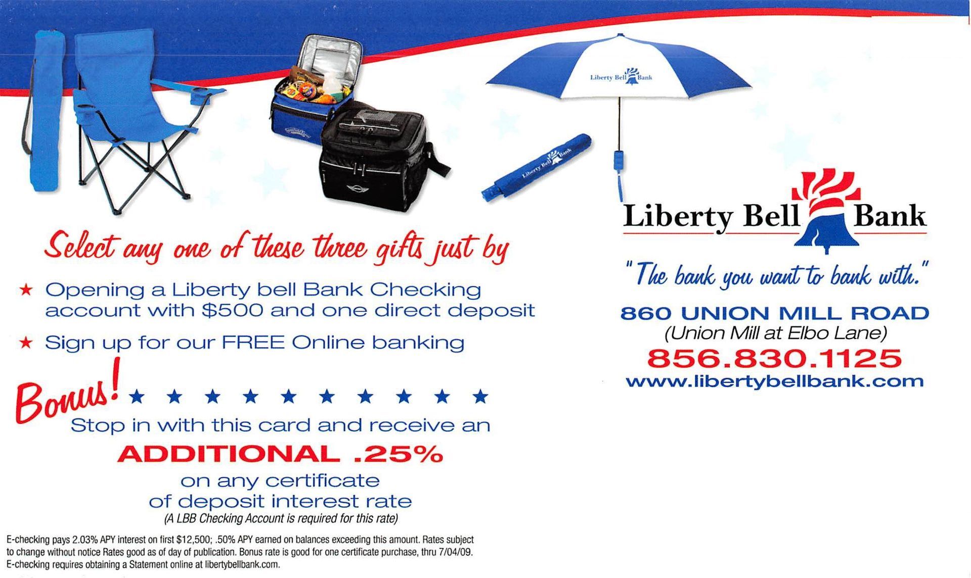 Advertisement for Liberty Bell Bank, offering gifts for opening a checking account, with a blue and white color scheme.