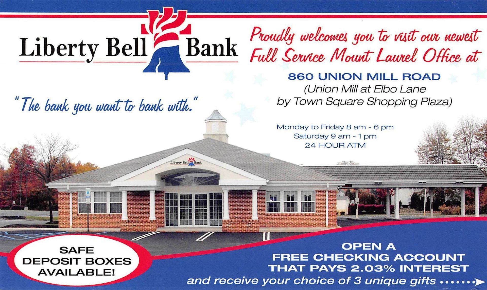 Advertisement for Liberty Bell Bank in Mount Laurel, NJ, offering a free checking account.