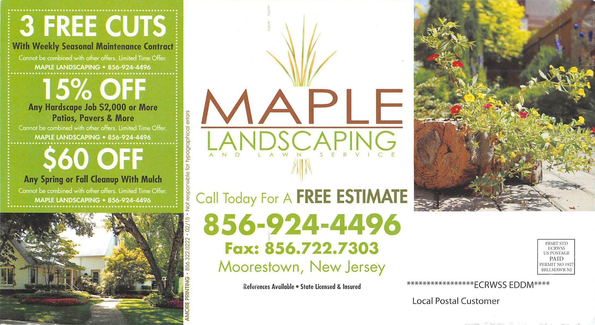 Maple Landscaping advertisement with offers and contact information; a house and garden are shown.