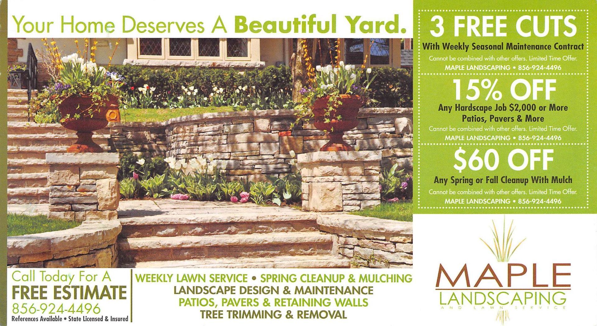Ad for Maple Landscaping with yard photo, text offers 3 free cuts, 15% off, and $60 off, plus contact info.