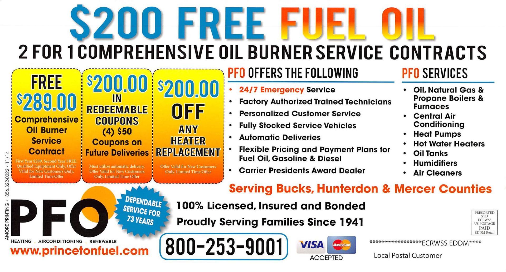 Advertisement for Princeton Fuel Oil offering free fuel and discounts on oil burner service contracts.