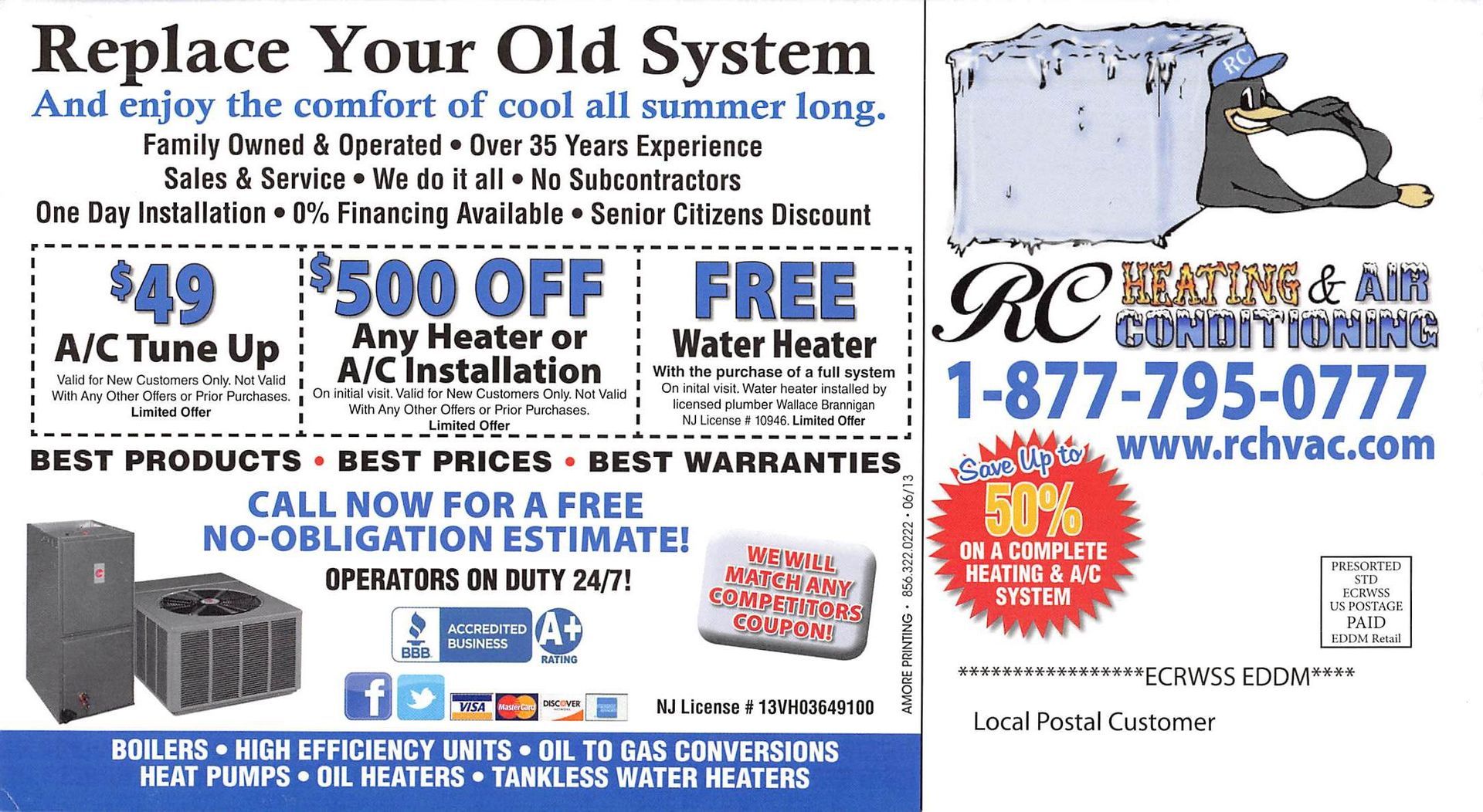 Advertisement for RC Heating & Air Conditioning: offers, tune-up, and installation deals. Includes phone number and website.
