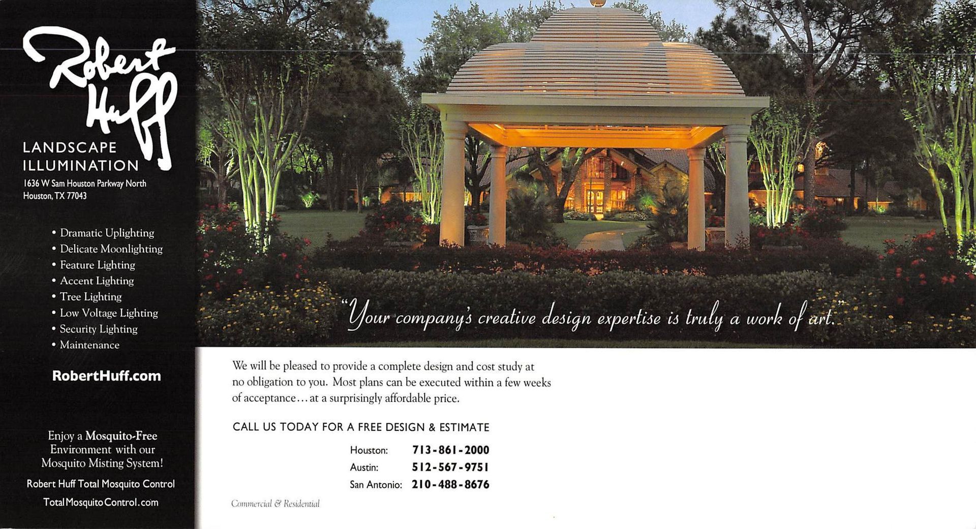Landscape design ad featuring an illuminated gazebo at dusk, with text and contact information.