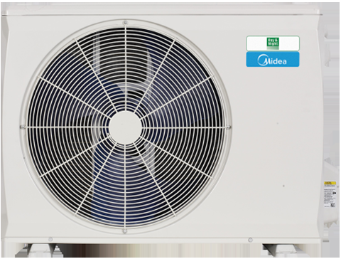 White Midea air conditioner unit with large fan, outdoors.