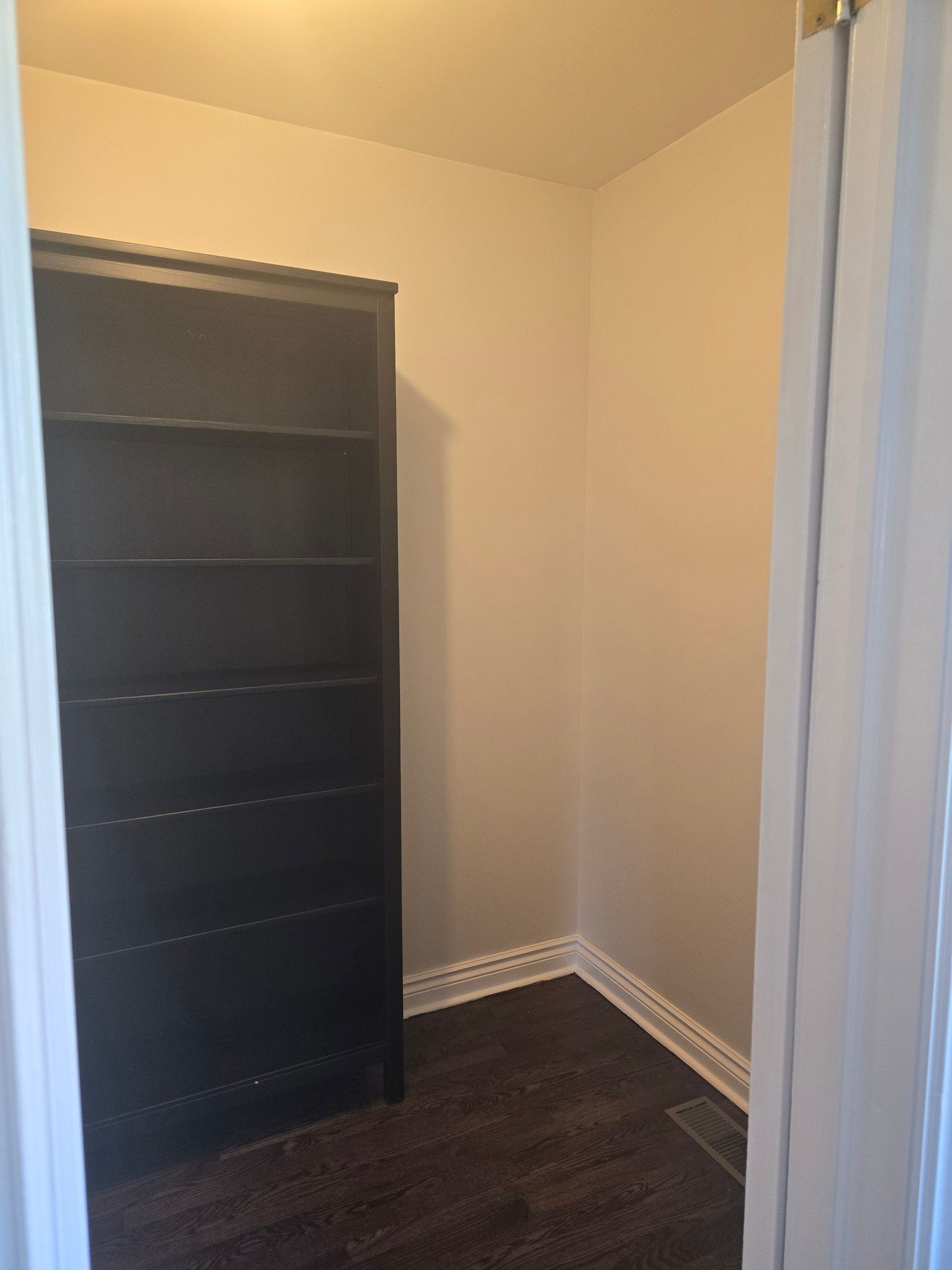 A closet with a shelf and a curtain in it.
