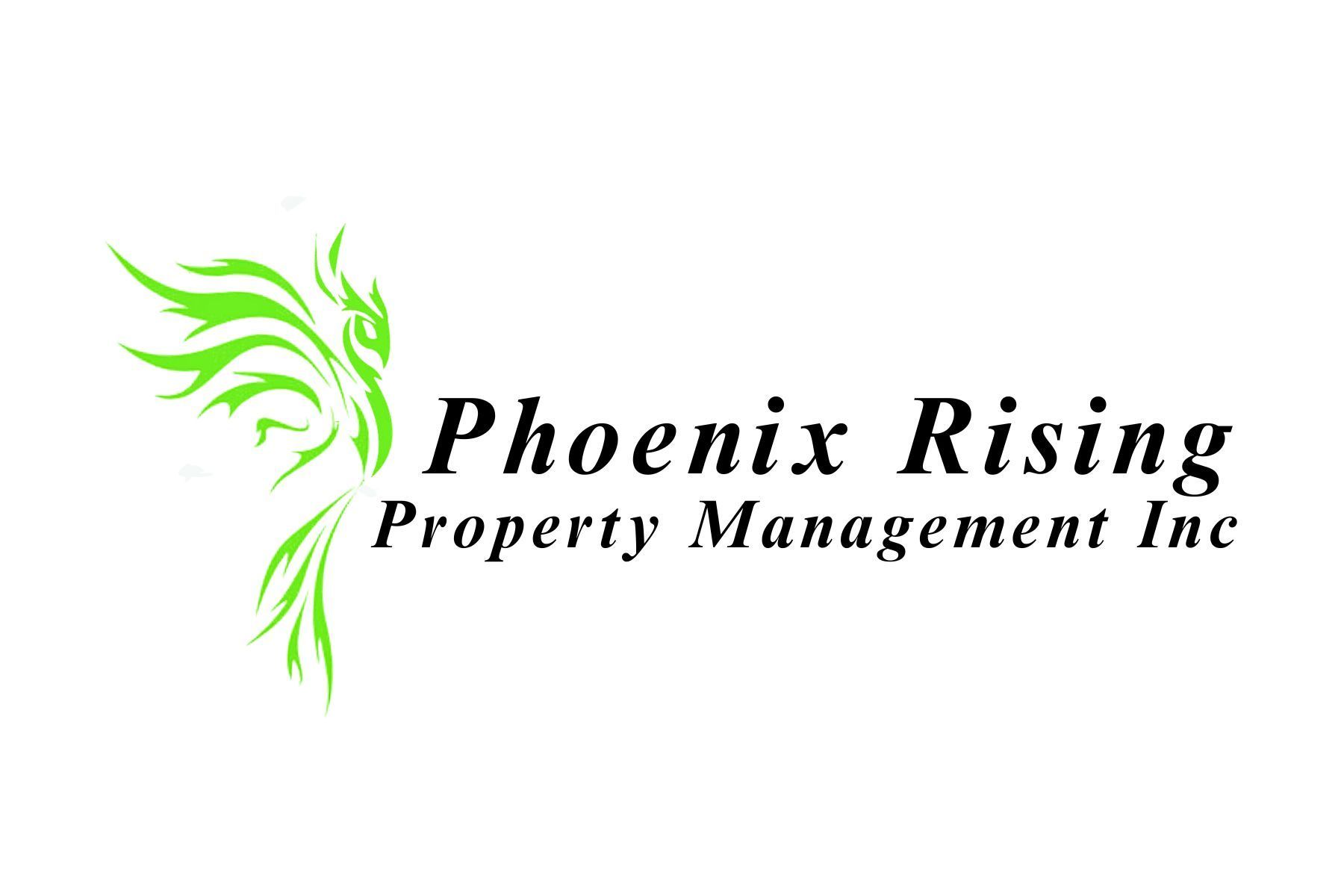 The logo for phoenix rising property management inc. has a green phoenix on it.