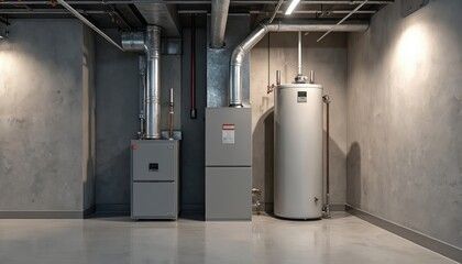 Fournaise et chauffe-eau dans un sous-sol aux murs gris, avec conduits et tuyaux métalliques et un sol poli.