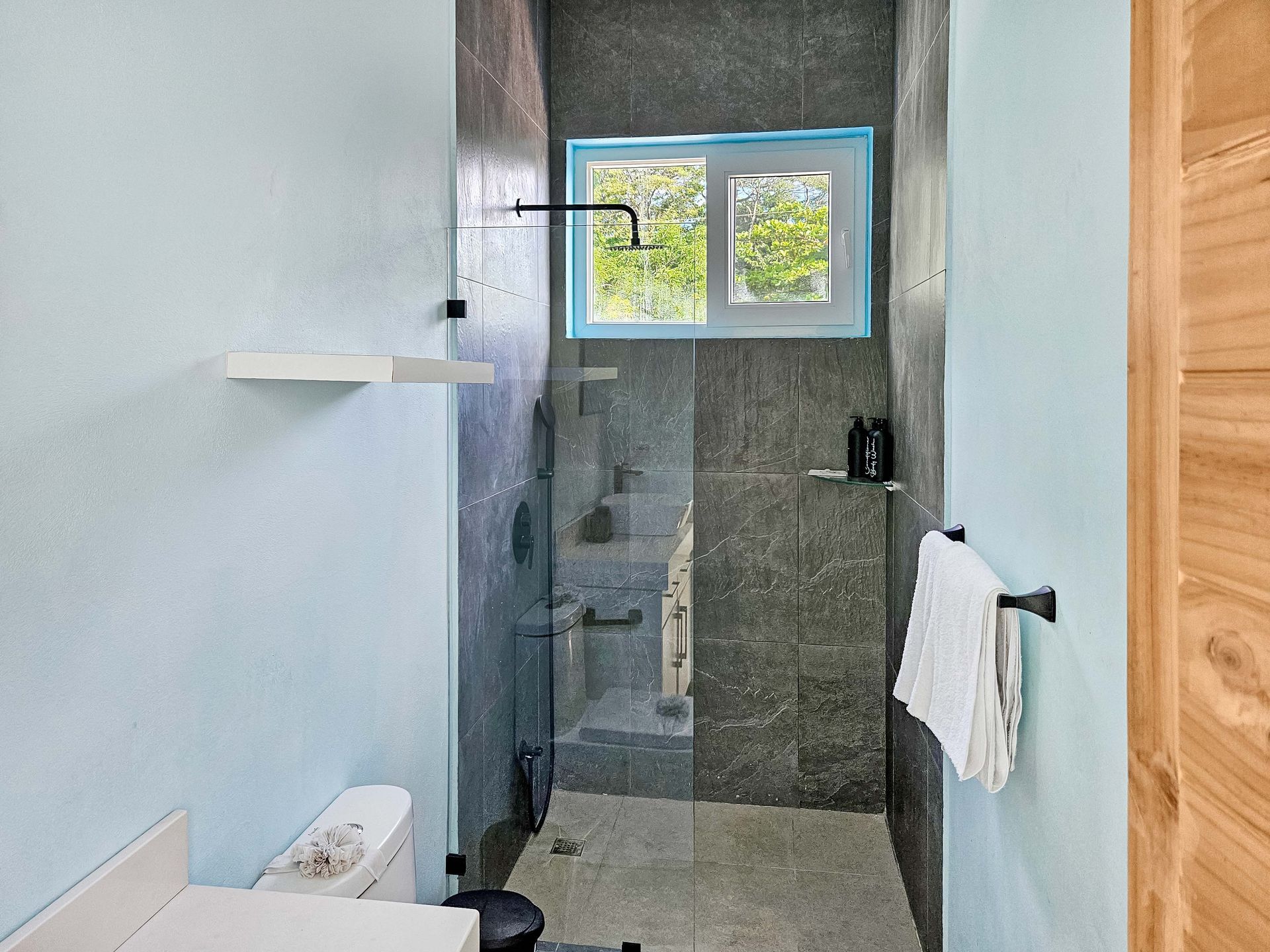 Bathroom with glass shower, toilet, and window with greenery view. Blue walls and dark gray tile.