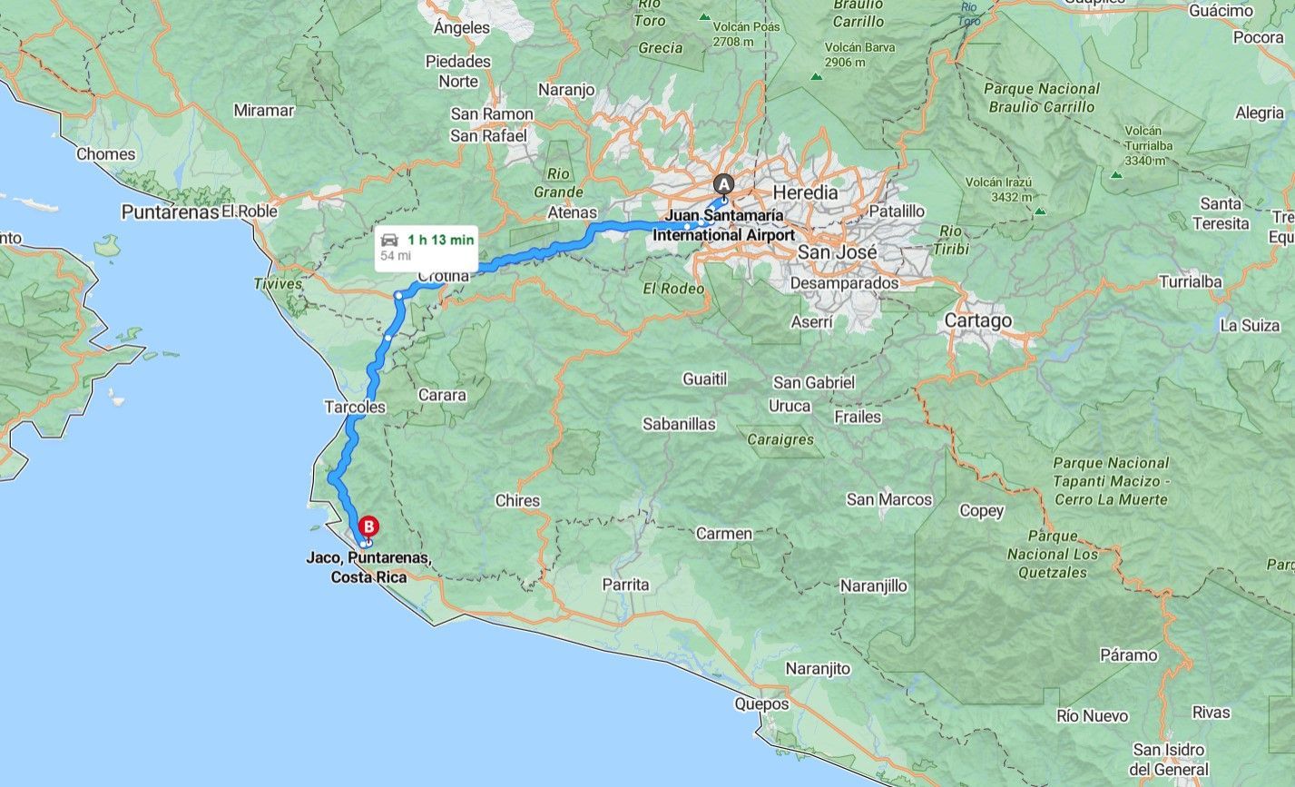 Map showing a route from Santa Teresa, Costa Rica to San José, Costa Rica.