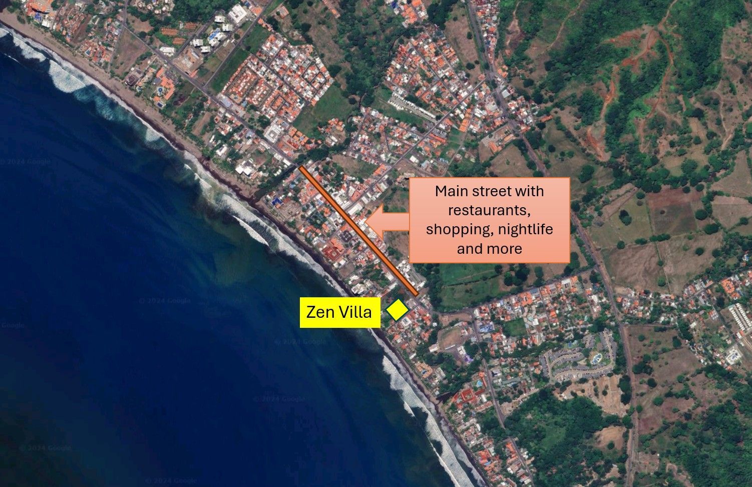 Aerial view of a coastal town with shops and restaurants. Arrow points to a strip with 