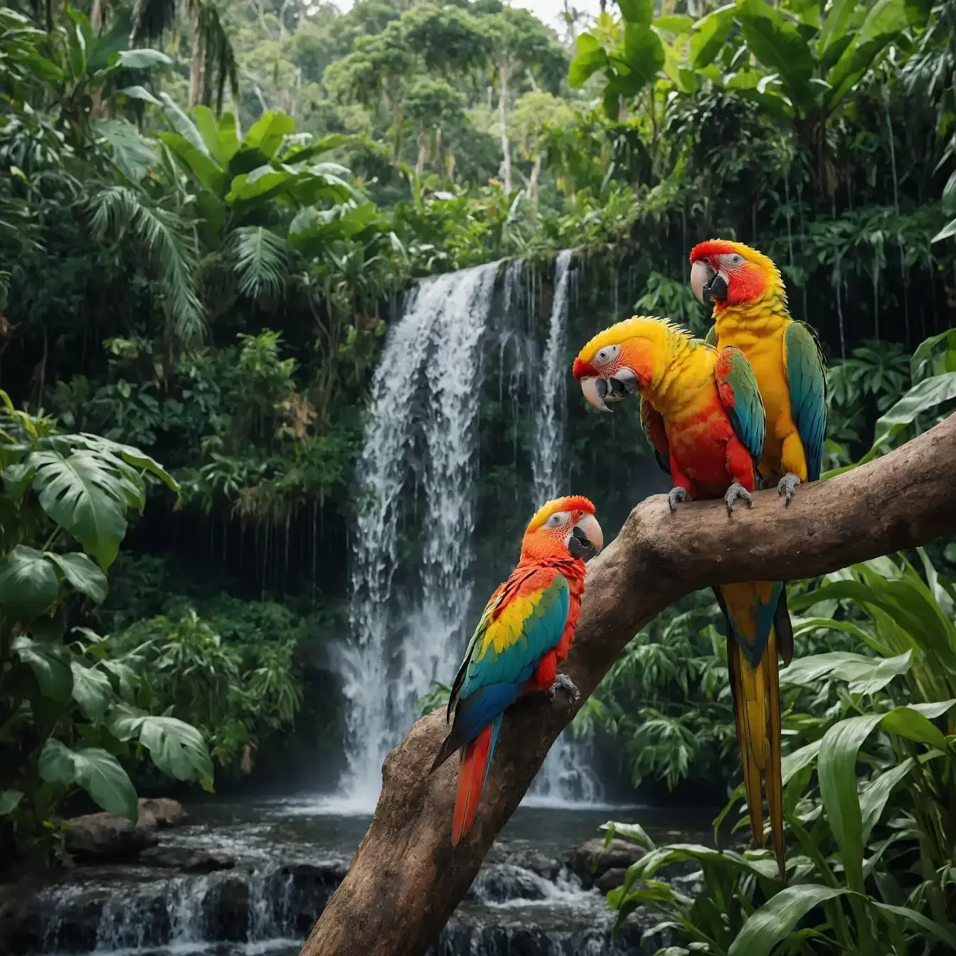 Three colorful macaws perched on a branch in front of a waterfall in a lush, green rainforest.