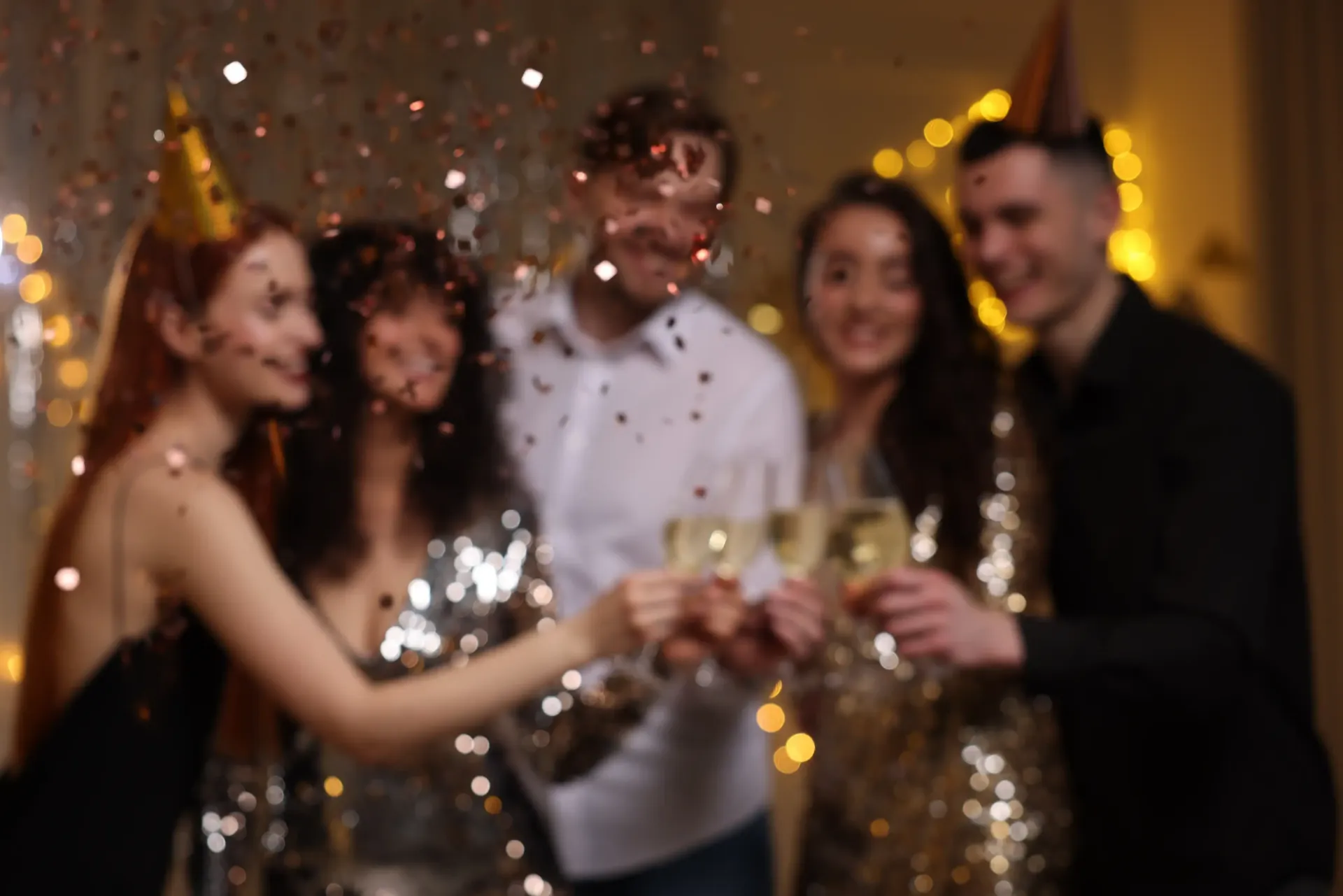 People toasting champagne, confetti, party hats.